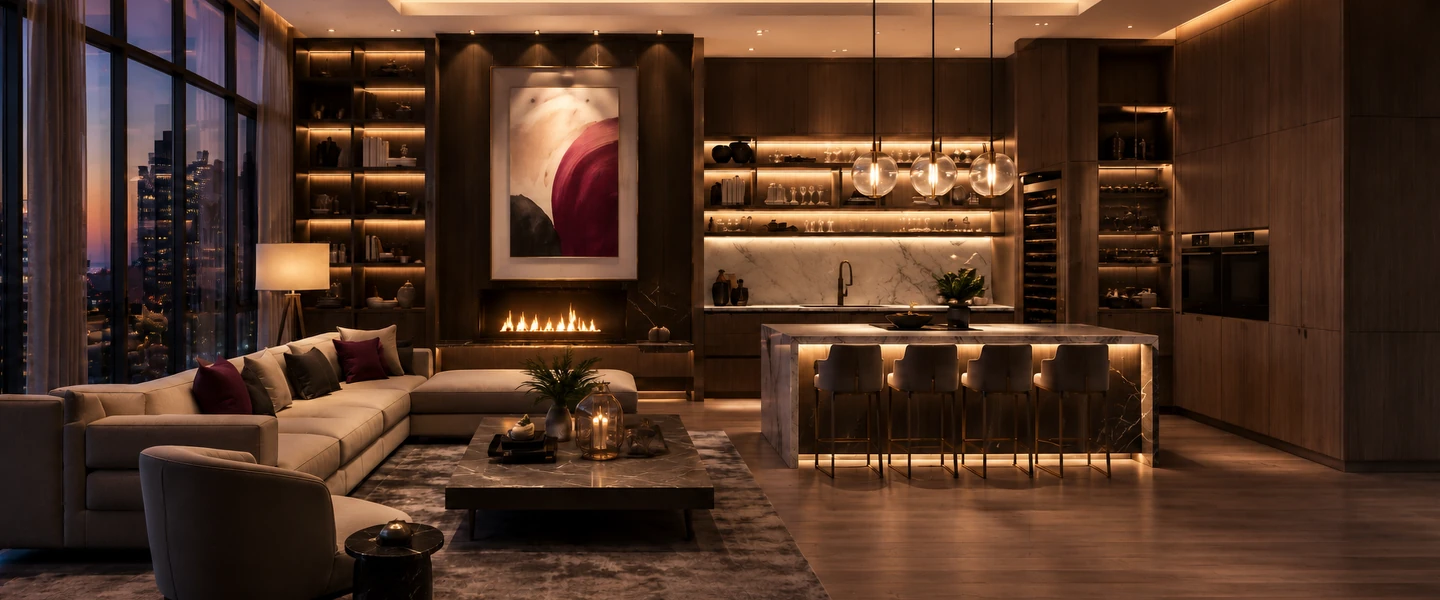 Open-concept residence in the Evening lighting scene